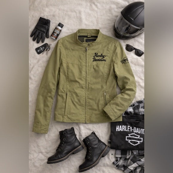 Harley-Davidson Jackets & Blazers - Harley-Davidson Olive Green Moto Jacket Lightweight Zip Front Logo Women’s